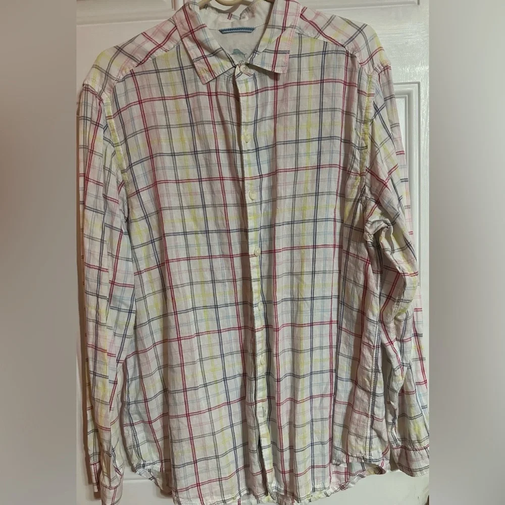 Tommy Bahama Relax Shirt Men's Medium 100% Linen Plaid Long‎ Sleeve Button Up